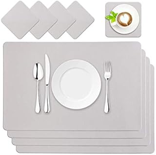 PVC Placemats PU Leather Place Mats and Coaster Sets, Washable Waterproof Table Mats Set of 4, Non Slip Table Place Mat Suitable for Kitchen Indoor Outdoor Dining Table Restaurant (Grey)