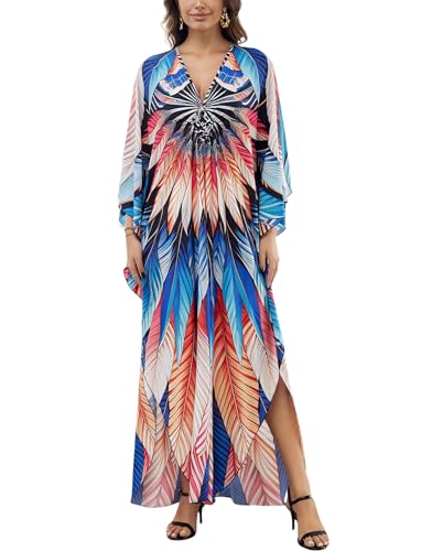 Image of KECVOT Kaftan Dresses for Women Plus Size Batwing Sleeve Caftans Long Bathing Suit Cover Up Maxi Beach Dress Loungewear
