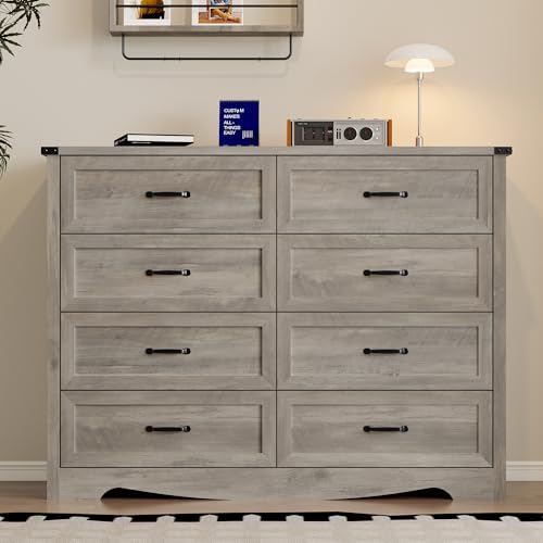 Image of BORNOON 8-Drawer Dresser for Bedroom, Modern Wooden Chest of Drawers with Metal Handles, Anti-Tipping Design, Sturdy and Stable Storage Organizer for Living Room, Entryway, Home Office