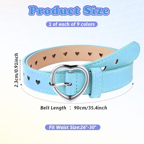 9 Pcs Girls Belt Size 6-12 Kids,Nine Colors Elastic Adjustable PU Leather Kids Belts,Hollow Heart-Shaped Metal Buckle Waist Belt for Girls Dress Pants Denim Skirts2