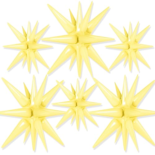 Image of PartyWoo Light Yellow Star Foil Balloons 6pcs Different Sizes Pack of 27 22 Inch Explosion Spike Mylar Balloons for Graduation Wedding Anniversary Bachelorette Engagement Birthday Party Decorations