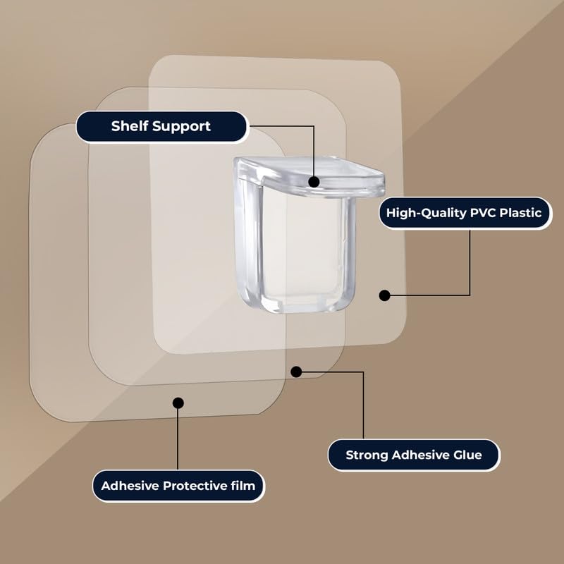 Image of 6 Pieces Adhesive Partition Hook, No Drill Shelf Support Brackets Suitable for Kitchen Lockers, Wardrobes, Display Cabinets