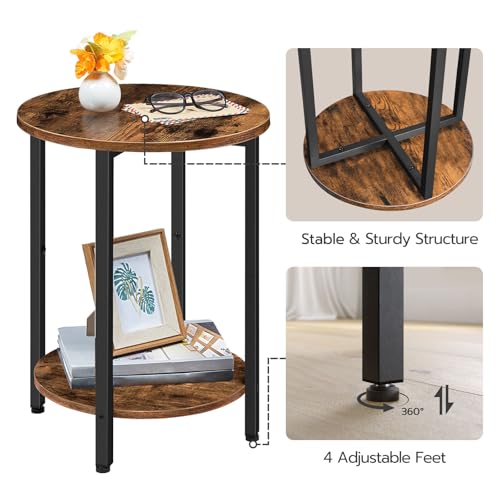 HOOBRO Round Side Table, Wooden Look Accent End Table for Sofa Couch, Round Nightstand with 2-Tier Storage Shelf, for Small Spaces in Living Room, Bedroom, Rustic Brown BF58BZ01G1