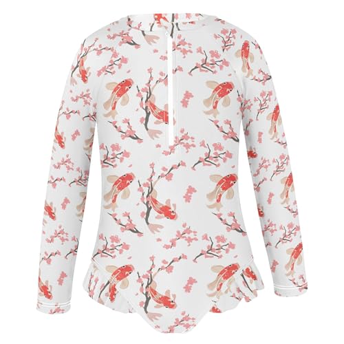 Koi Fish Pink Cherry Blossom Girls Long Sleeve Rashguard Swimsuit UV Protection One-Piece Swimwear B04050722