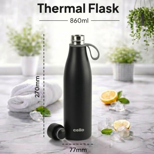 Image of CELLO Duro Oxy Stainless Steel Flask 900 ml Black | Easy to Pour & Fill, Spill Proof Leakproof Vacuum Insulated Hot and Cold Thermos Water Bottle for School College Office Gym Trekking Biking & Travel