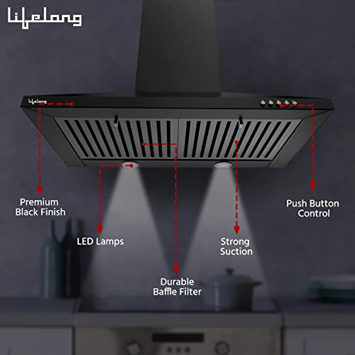 Image of Lifelong Kitchen Chimney with Durable Baffle Filters | 1000 m3 /hr Suction | Push Button Control | Dual LED Light | Stainless Steel Baffle Filters | Pyramid Shape Chimney for Kitchen (60cm, Black)