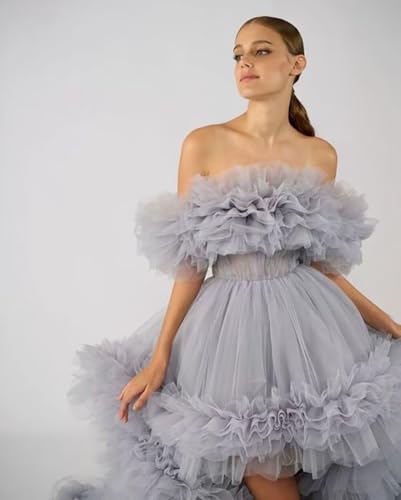 High Low Tulle Prom Dresses Off Shoulder Ruffles Ball Gown A Line Puffy Formal Evening Party Gown with Train2