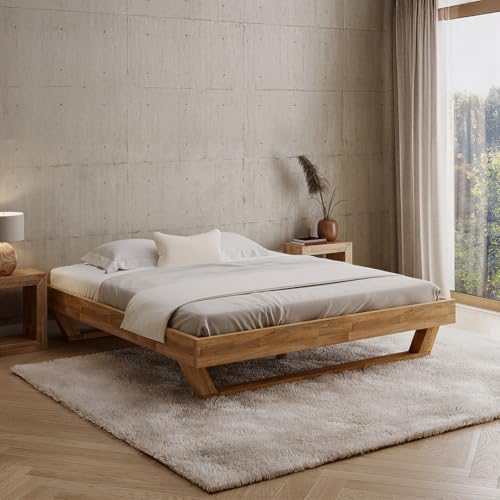 skølm Nornir Massivholzbett 180x200 cm – Bettrahmen aus Massivholz Eiche geölt – hochwertiges Holzbett mit Kufen Bettbeinen – Bettgestell ohne Bettkopf – geeignet als Doppelbett