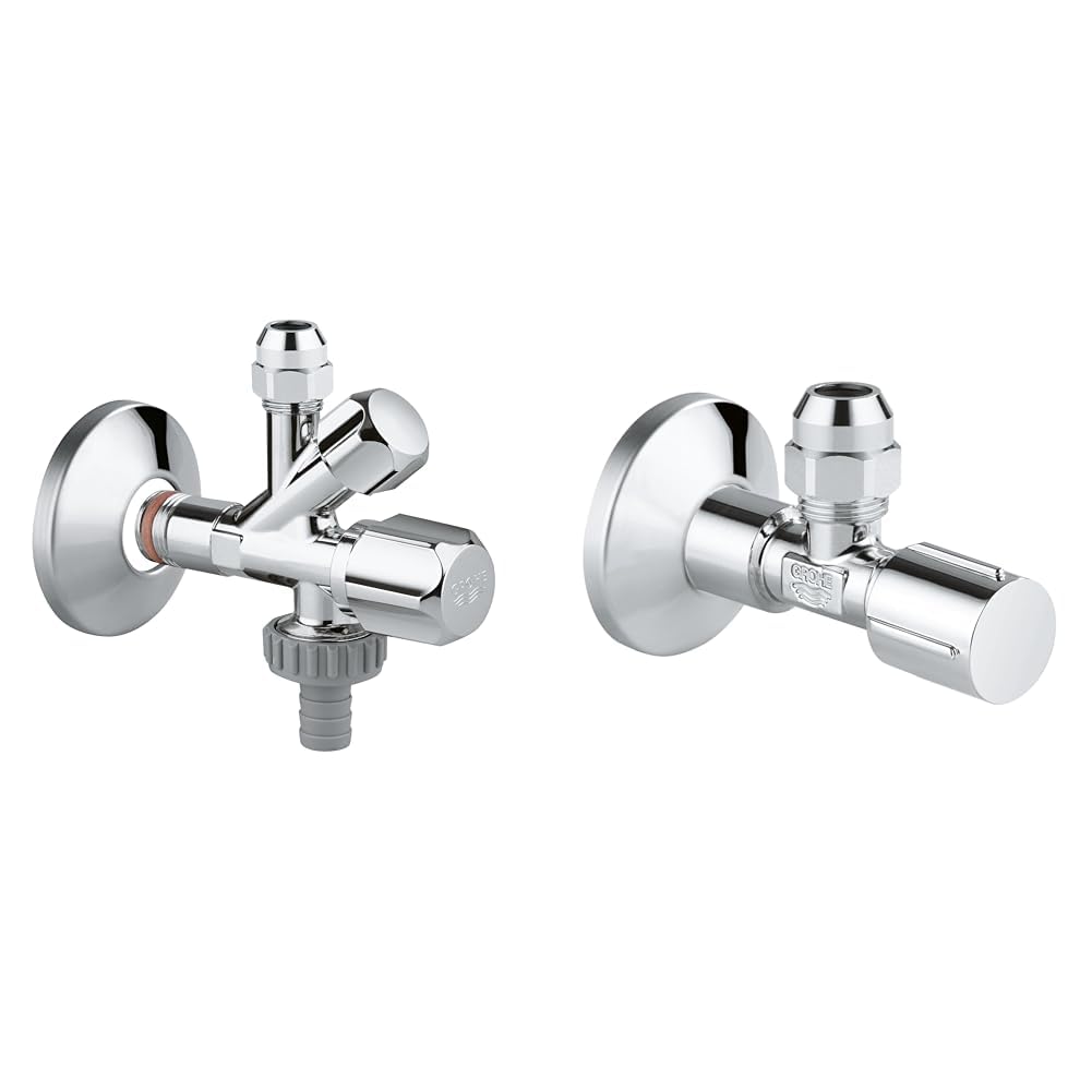 Grohe Original WAS Kombi-Eckventil (Wandanschluss 1/2 Zoll, Abgang 3/8 Zoll, Abgang 3/4 Zoll mit Schlauchanschluss) & Eckventil-Sicherungstechnik (mit Angerauhtem Gewinde, Wandanschluss 1/2 Zoll)