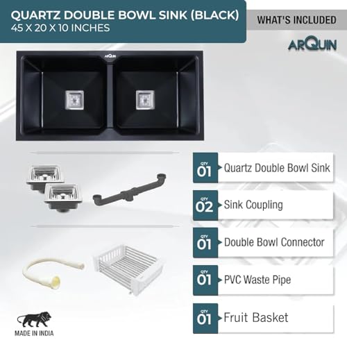Image of ARQUIN Double Bowl Quartz Kitchen Sink 45x20x9 Inch Black | Durable & Scratch-Resistant Sink | Undermount,Topmount | Including Coupling,Sink Connector,Waste Pipe & Fruit Washing Basket