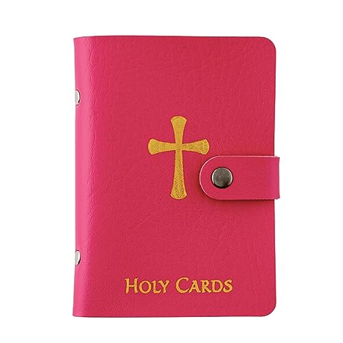 Tarjetero de piel sintética rosa para 20 tarjetas y tres tarjetas de oración laminadas, organizador de tarjetas sagradas para 40 tarjetas de plástico o cartulina, sacramentos conmemorativos o tarjetas
