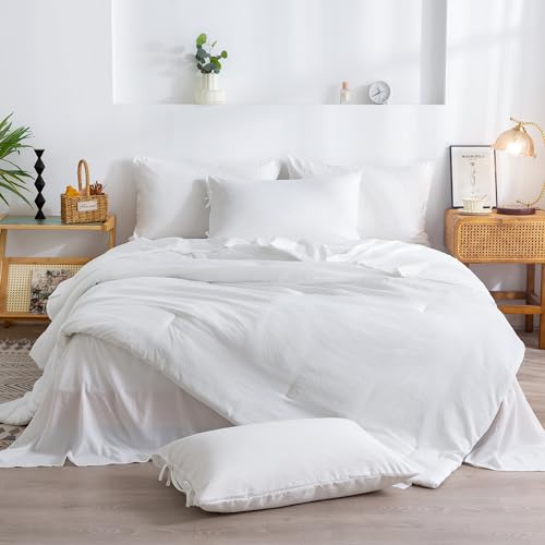 COTTEBED Super Soft King Size Comforter Set with Sheets - 7 Pieces KING BED IN A BAG Modern Farmhouse Hotel PolyCotton Down Comforter and Bedding Sheet Set Pillow Sham Lightweight All Season Use White