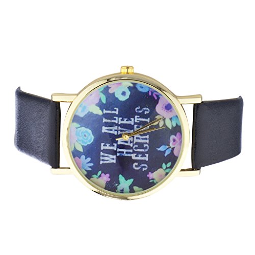 Lux Accessories - Reloj de pulsera con esfera dorada y floral, color azul marino