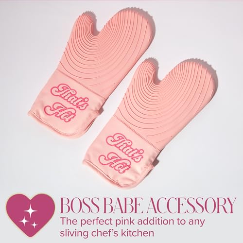 Paris Hilton Oven Mitt Set with Iconic That’s HOT Design, Heat Resistant Pot Holders Featuring Non-Slip Textured Silicone Grips, 2-Piece Set, Pink