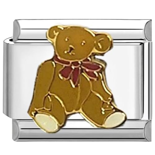 UNY JEWEL Classic Teddy Bear Italian Charm 9mm Stainless Steel Link - Enamel Bowtie Design Modular Charm Bracelet Link