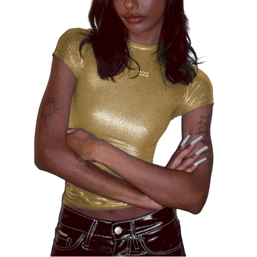 Women's Shiny Metallic Short Sleeve T Shirt Sexy Mock Neck Slim Crop Top Party Disco Club Tees2