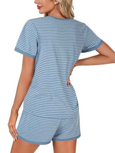 Image of LYANER Pajama Set for Women 2 Piece Lounge Set Striped Crew neck Short Sleeve Tops and Shorts Soft Sleepwear