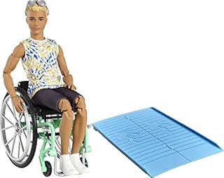 Ken Fashionista Doll #167 with Wheelchair & Ramp Wearing Tie-Dye Shirt, Black Shorts, White Sneakers & Sunglasses, Toy for Kids 3 to 8 Years Old - GWX93