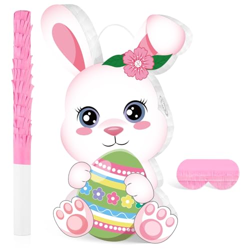 Atiloy Easter Bunny Pinata Funny Bunny Egg Pinata with Blindfold & Stick for Birthday Decorations Easter Party Supplies Spring Decorations