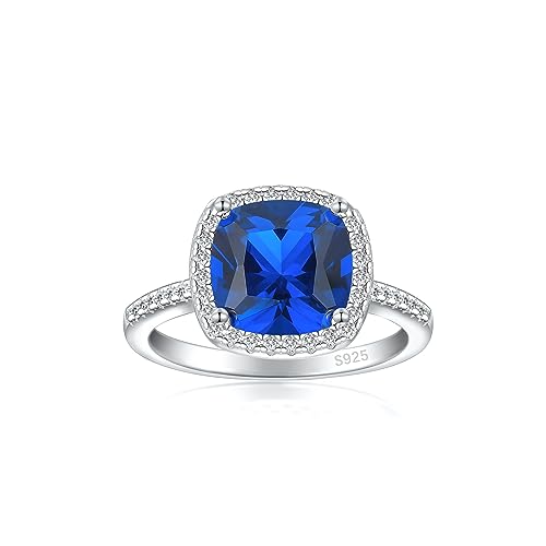 Cijisx 3.5CT Cushion Birthstone Ring for Women 925 Sterling Silver Simulated Sapphire Ring Women's Engagement Rings Blue Cubic Zirconia Ring Valentines Thanksgiving Day Size 5
