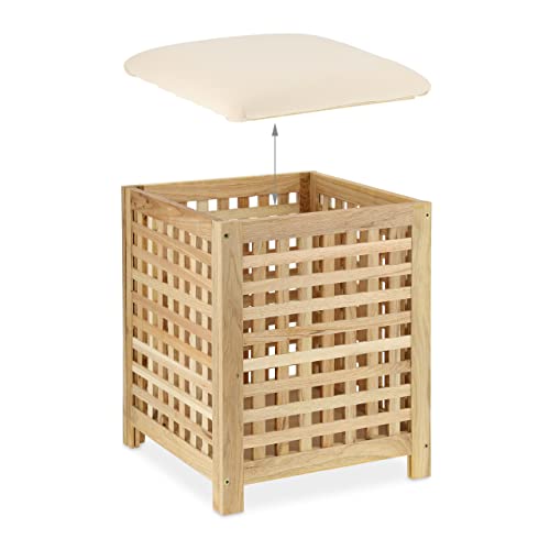 Relaxdays Wäschekorb mit Sitz, Walnussholz, Stoff, HxBxT: 50 x 39 x 39 cm, 45 l Wäschebox, Badhocker mit Stauraum, Natur