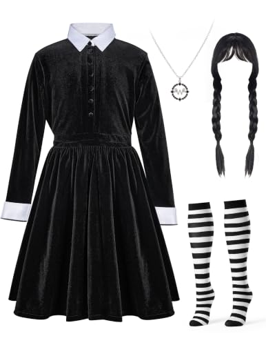 Spooktacular Creations Girls Collar Black Dress, School Girl Costume with Wig, Long Sleeve Velvet Skater Dress for Girls Halloween, Cosplay Themed Party (Medium, 8-10 yrs)
