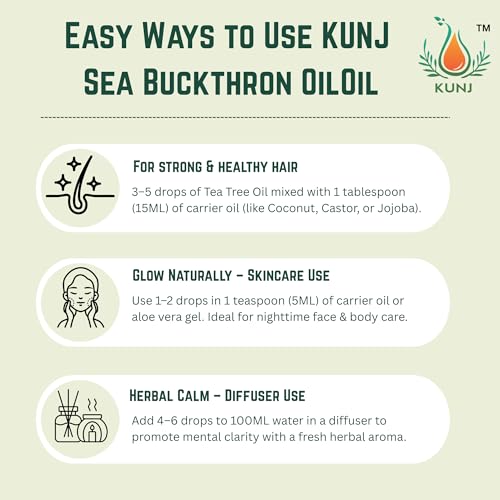 Image of KUNJ Sea Buckthorn Oil (Hippophae rhamnoides) 30ML - 100% Pure & Natural, Undiluted, Cold Pressed - Therapeutic Grade Oil for Skin Nourishment, Radiance, Anti-Aging & Hydration