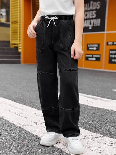 Haloumoning Boys Straight Leg Baggy Jeans Kids Elastic Waist Drawstring Wide Leg Denim Pants with Pockets 5-14 Years3