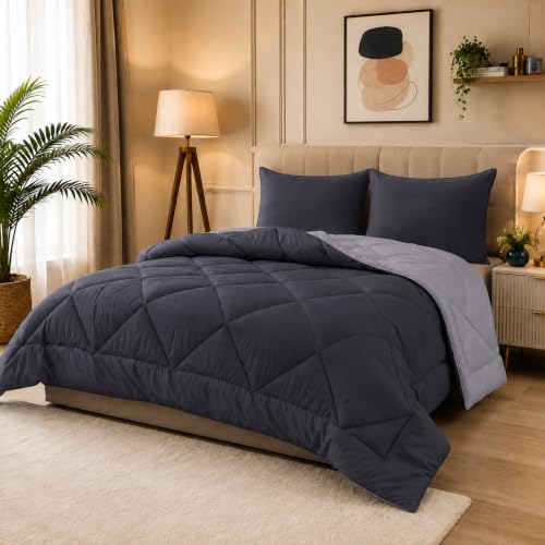 Image of 220 GSM Comforter Single Bed | Microfibre Reversible AC Blanket Duvet Quilt Single Bed for Summer | Comfortable and Super Soft (Black & Grey)
