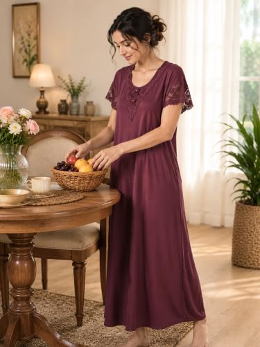 Image of 9shines Label Stylish Soft Modal Maxi Nighty | Honeymoon Nighty | Full Length Trendy Nightgown | V-Neck Lace | Premium Nightdress | Soft Long Nightdress | Maxi Gown Nightwear for Women (Malai Satin)
