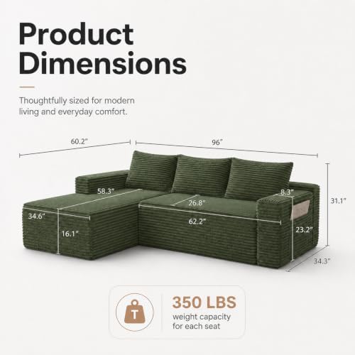 Image of 96 inch Boneless Couch, Modular L-Shaped Cloud Sectional Sofa, Green
