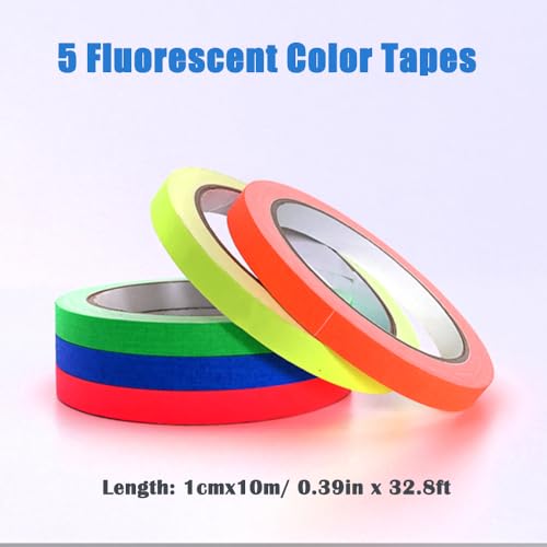 Image of RENIAN 5 Bright Colors Gaffer Tape Sets Neon Fluorescent 0.39in x 32.8ft with Electrical Tape Holder Hanging Rope for Photography Film Theater Stage Floors Pinstripe Marking