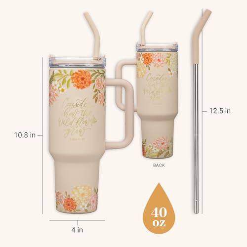 Image of Christian Art Gifts Extra Large Stainless Steel Double-Wall Insulated Inspirational Scripture Travel Mug Tumbler for Women: Wildflowers Grow Verse, Reusable Straw, Twist Lid, Peach Pink Floral, 40 oz.