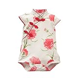 Moonker Infant Toddler Baby Girls Chinese Style Romper Onesies Rose Flower Print Sleeveless Cheongsa...