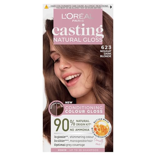L'Oreal Paris Semi-permanente Haarfarbe ohne Ammoniak 623 Nougat Dunkelblond Honig Glänzende Haartönung, natürliches Finish für bis zu 28 Shampoos, Casting Natural Gloss, 1