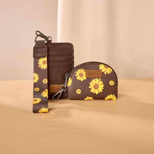 Image of Wrangler KeyChain Wristlet Wallets for Women Sunflower Floral Dual Pouch Wristlet Western Credit Card Holder Wallet with Zipper Pocket