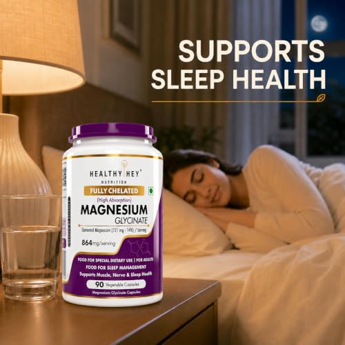 Image of HealthyHey Nutrition Magnesium Glycinate 14% Fully Chelated Supplement High Absorption for Sleep, Cramps, & Nerves Health - 90 Vegetable Capsules