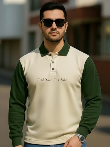 Image of Veirdo Men's Oversized Loopknit Cotton Polo Neck T-Shirt | Oversized Baggy Fit Full Sleeve Casual Streetwear Top with Ribbed Cuffs S-XXL