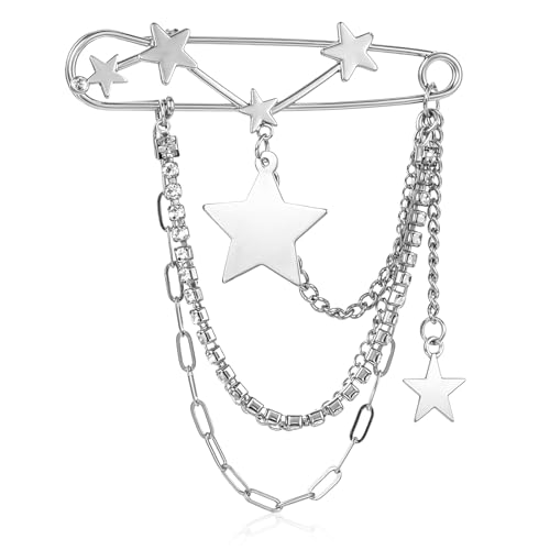 Image of Mabor Silver Star Brooch Pins for Women Star Tassel Chain Brooch Collar Pin | Vintage Bling Crystal Sweater Shawl Clips Punk Collar Chain Brooches for Women Girls Jacket Clothing