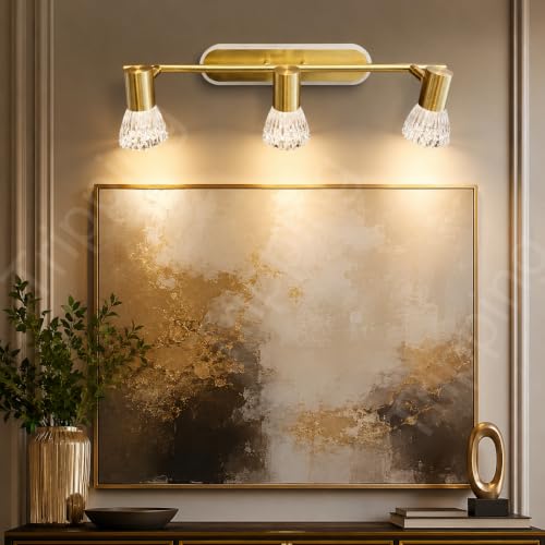 Image of TRIPPING 12W 3-in-1 LED Wall Lamp with 3 Adjustable Heads, Gold Metal Body and Crystal Shades, Warm White, Natural White & White Focus Light for Dressing Table, Mirror and Accent Walls, 50 x 15 x 7 cm
