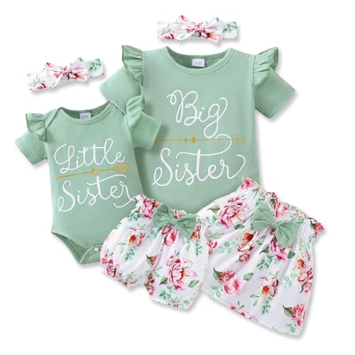Image of AMAWMW Big Sister Little Sister Matching Outfits Romper/Shirt+Shorts/Skirt+Headband Toddler Baby Girl Summer Clothes