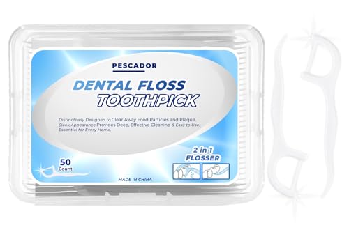 PESCADOR Dental Floss Teeth Plastic Flosser Toothpicks Stick Oral Care Cleaning Tool Tooth Flossers for Plaque Removal and Oral Hygiene Compact and Convenient for Travel or Daily Use (50 COUNT)