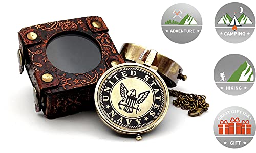 Brújula militar de latón grabada US Navy 5MoonSun5 con estuche de exhibición de cuero - brújula náutica para senderismo, camping y caza miniatura 3