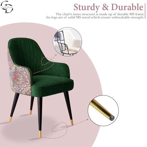 Image of Velvet Accent Chair | Modern Upholstered Dining Chair for Living Room, Office, Lounge & Vanity | Sturdy & Stylish Armchair (Floral, Green)