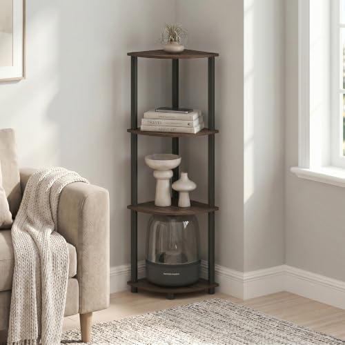 Image of Furinno Turn-N-Tube Toolless 4-Tier Storage Shelves, Columbia Walnut | Rustic Brown Corner Shelf, Open Storage Book Shelf, for Organization and Storage, Living Room, Home Office, Bedroom