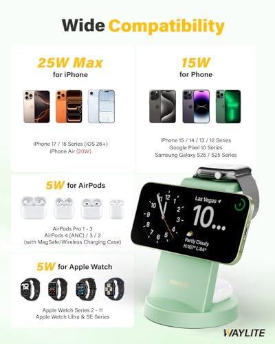 Image of 3 in 1 Fast Charging Station for iPhone, 25W Wireless Magnetic Phone Charger for iPhone 17 16e 16 15 14 13 12 Serise, Watch Charger Stand, Wireless Charging Station for AirPods 4 3 Pro, Green