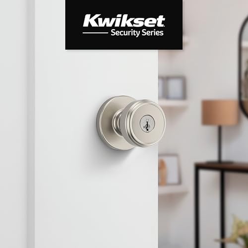 Image of Kwikset Maven Entry Door Knob with Lock and Key, Secure Keyed Handle Exterior, Front Entrance and Bedroom, Satin Nickel, Pick Resistant SmartKey Rekey Security and Microban (Pack of 10)