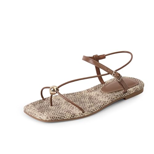 Image of Strappy Flat Sandals for Women Comfortable Open Square Toe Slingback Sandals Dressy Beach Thong Flip Flop Slides Sandals