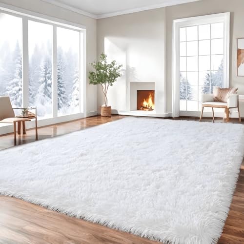 Lanyesky Alfombra de Sala de Estar de Pelo Largo, Alfombra Moderna y esponjosa para niños, Lavable y Antideslizante, Adecuada para la Sala de Estar y el Dormitorio (80x120cm, Blanco.)