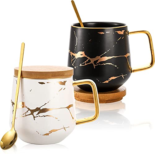 Classic Ceramic Kintsugi Style Coffee Tea Mug with Gold Inlay Spoon and Bamboo Lid- 12 OZ Set of 2- Large Mugs Unique Design Perfect Novelty Gift- Dishwasher Safe